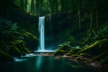 A dense forest with a hidden waterfall