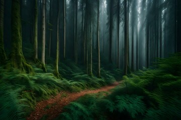 Fototapeta na wymiar A dense forest with a mist