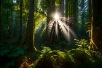A dense, ancient forest with towering trees and a vibrant undergrowth, where rays of sunlight filter through the canopy