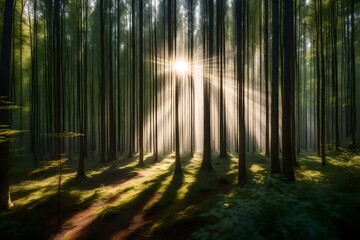 A dense forest with rays of sunlight shining through the trees