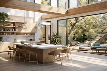 Modern White Farmhouse Kitchen Interior With Accent Wood And Outdoor Dining Experience