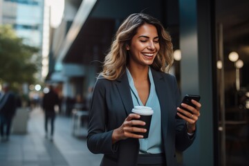 Young business woman walking street holding a cup of coffee and cellphone