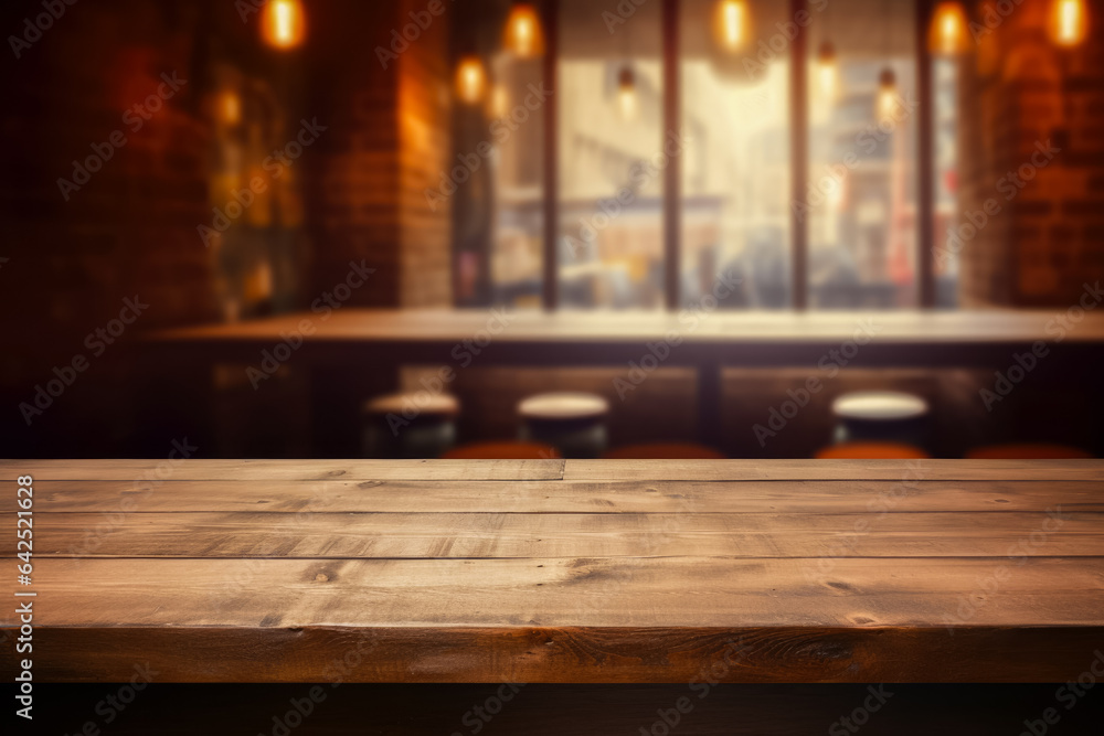 Poster empty wooden table and coffee shop blur background with bokeh image