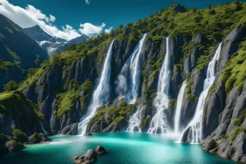 Deurstickers A gravity-defying mountain range with waterfalls flowing upwards © Muhammad