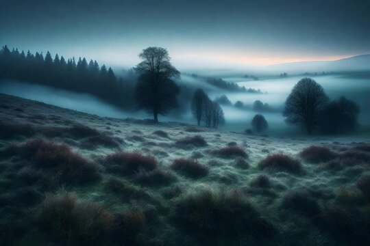 A hauntingly beautiful image of a misty moorland landscape shrouded in fog
