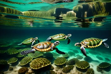 A hidden lagoon with transparent water and a family of sea turtles resting.