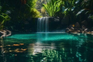 A hidden oasis with a spring of transparent water and small fish splashing about