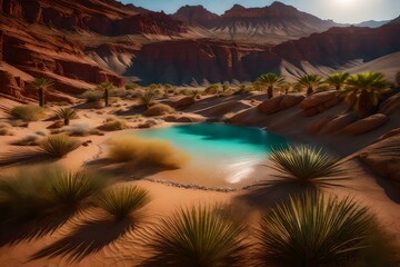 A lifeless desert into a lively oasis with flowing water and lush vegetation