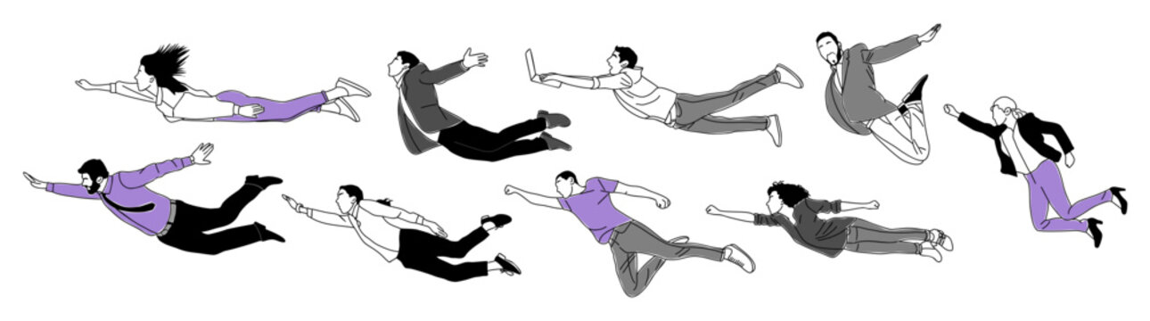 Business People Flying, Floating, Jumping In The Air. Concept Of Freedom, Development And Aspirations. Different Men, Women Moving Forward. Simple Outline Vector Illustration On Transparent Background