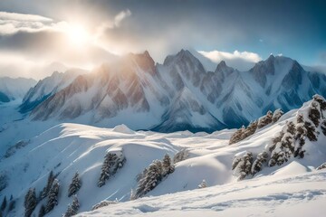 A majestic mountain range covered in a thick blanket of snow, with sunlight peeking through the clouds and illuminating the peaks