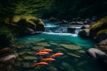 A meandering stream with crystal-clear water and salmon swimming upstream