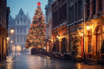 Fototapeta na wymiar Christmas tree in the old town