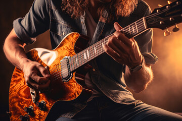 Obraz premium Close-up of the hands of a man playing the electric guitar