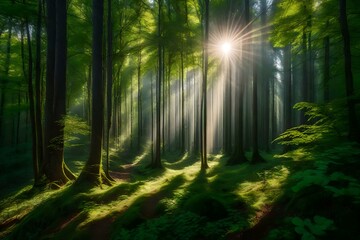 Fototapeta premium A picturesque forest scene with rays of sunlight filtering through the trees, illuminating the lush greenery