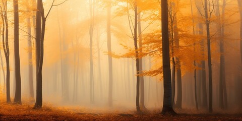 AI Generated. AI Generative. Autumn forest outdoor nature orange yellow park fall landscape background. Can be used for hiking inspirational relax vibe