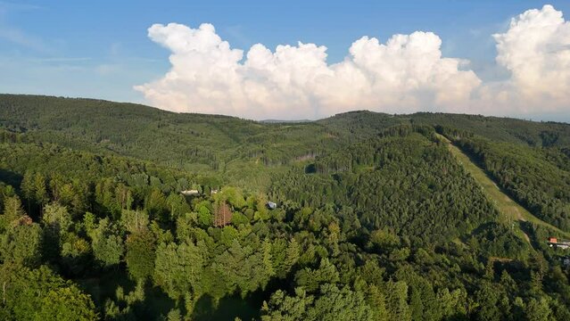 Ustron Aerial View. Scenery of the town and health resort in Ustron on the hills of the Silesian Beskids. Poland.