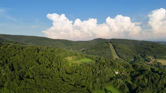 Ustron Aerial View. Scenery of the town and health resort in Ustron on the hills of the Silesian Beskids. Poland.