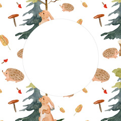 Watercolor round frame drawing of a hare on a forest stump, spruce, hedgehog, autumn leaves, fly agaric. Hand drawn hare, hedgehog, pattern animals