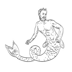 Line art drawing illustration of Merman mythical male equivalent to  mermaids, with the upper body of a man and the tail of a fish done in medieval style on isolated background in black and white.
