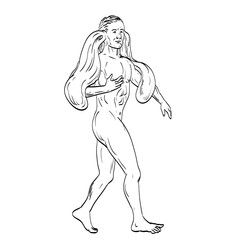 Line art drawing illustration of a Panotti or Phanesii, a mythical race of people possessing large ears covering its entire bodies done in medieval style on isolated background black and white.
