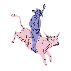 Abstract Mono line illustration of rodeo cowboy riding bull side view done in monoline line drawing art style.
