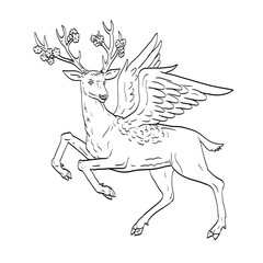 Line art drawing illustration of a Snawfus, in Arkansas folklore, a white deer with plum or dogwood branches in full bloom for antlers done in medieval style on isolated background black and white.
