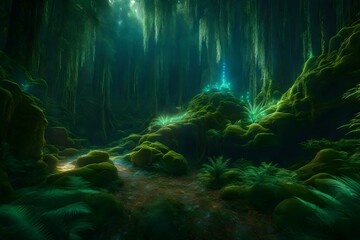 A rendered image of an ancient mystical forest with glowing crystals and mythical creatures