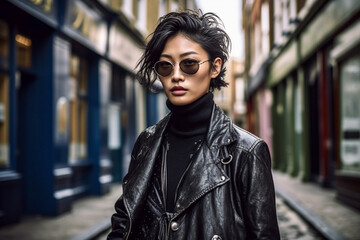 portrait of a gender fluid asian fashion model, wearing bespoke couture leather and fur clothing. Showcasing pride and acceptance.