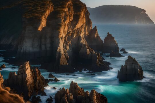 A rocky coastline cliffs bathed in the soft light of dawn