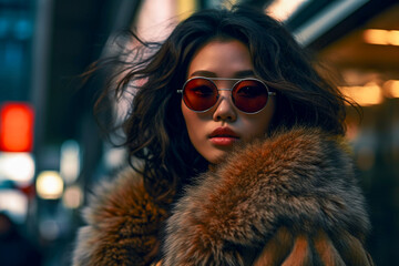 portrait of a gender fluid asian fashion model, wearing bespoke couture leather and fur clothing. Showcasing pride and acceptance.