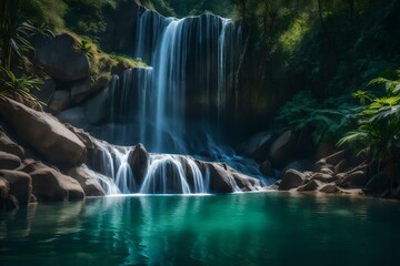 A secluded waterfall with a pool of transparent water and fish gracefully swimming