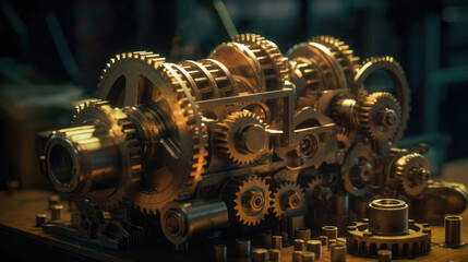 Fototapeta premium Machine mechanism complexe. Mechanical engine gears cogs robot manufacturing, steampunk pattern science factory funnel steam energy process, vector illustration of engine machinery mechanical.