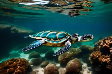 A secluded lagoon with transparent water and a solitary sea turtle gliding by