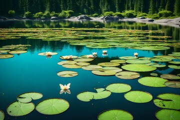 A serene lake into a mesmerizing scene with levitating lily pads and reflective butterflies