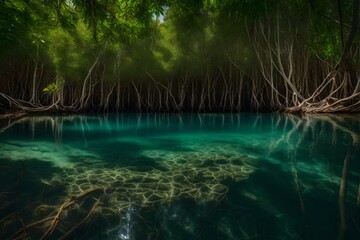 A serene mangrove forest with transparent water and crabs scuttling among the roots - obrazy, fototapety, plakaty