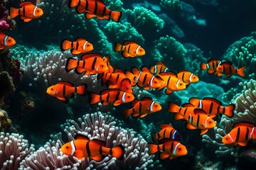 Fototapeta na wymiar A shallow reef with transparent water and vibrant clownfish darting among the anemones
