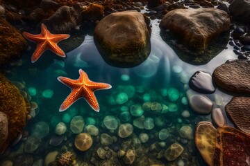 A shallow tide pool with transparent water and starfish clinging to the rocks