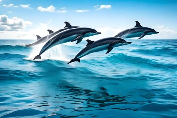 A simple background into an image of a group of dolphins gracefully leaping out of the ocean