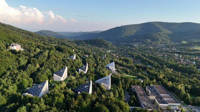 Ustron Aerial View. Scenery of the town and health resort in Ustron on the hills of the Silesian Beskids. Poland.