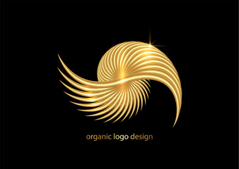 3D seashell nautilus, gold logo. Golden Object with smooth shape. Can be used for advertising, marketing, presentation, card and flyer, technological science. Vector isolated on black background 