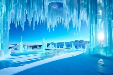 A stunning visual of an ice palace library set in an Arctic wonderland