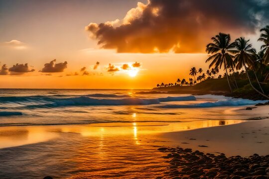 A stunning sunset over a serene beach with palm trees and gentle waves lapping the shore
