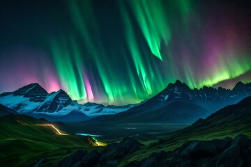 A surreal scene of a neon aurora borealis illuminating an alien mountain range - obrazy, fototapety, plakaty