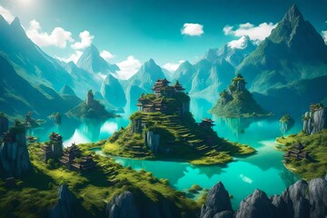 A surreal scene of floating islands amidst mountain peaks, like something from a fantasy world