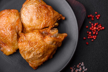 Delicious grilled chicken thighs with salt, spices and herbs