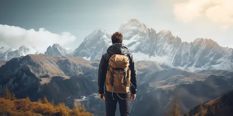 Gordijnen AI Generated. AI Generative. Backpacker alone man at high peak mountain adventure outdoor nature inspiration motivational landscape tour promotion © Graphic Warrior