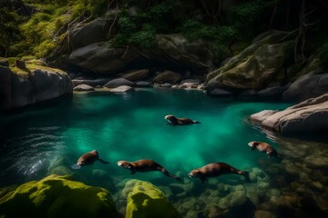 A tranquil cove with transparent water and a family of otters playing on the rocks