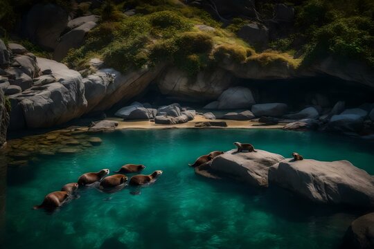 A tranquil cove with transparent water and a family of otters playing on the rocks