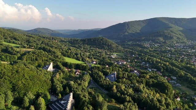 Ustron Aerial View. Scenery of the town and health resort in Ustron on the hills of the Silesian Beskids. Poland.