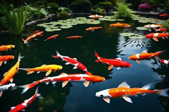 A tranquil garden with a pond filled with colorful koi fish